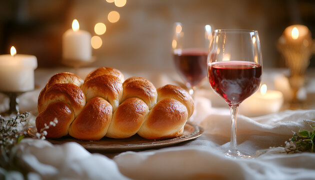 Shabbat or Shabath concept. Challah bread, shabbat wine and candles on table, copy space. Traditional Jewish Shabbat ritual