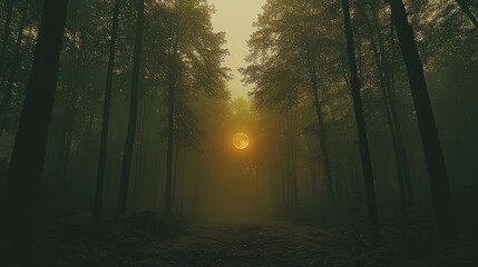Obraz premium Misty forest path with full moon, autumnal atmosphere, perfect for Halloween or fantasy backgrounds