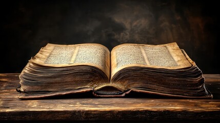 Ancient book open on wooden table, dark background, history, knowledge, education