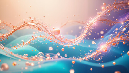 Abstract flowing background with glowing liquid waves and suspended golden spheres