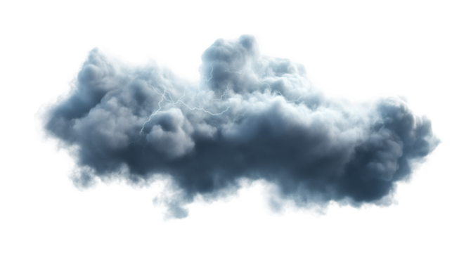 Realistic cumulonimbus cloud with lightning on transparent background, ideal for weather forecast or meteorology concepts