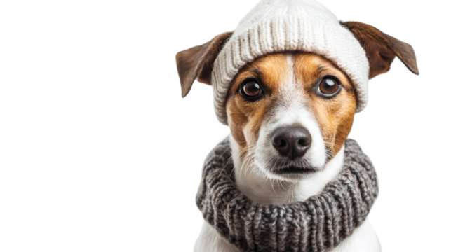 Cute jack russell dog wearing winter clothes like wool hat and scarf, isolated on transparent background