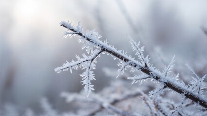 Obraz premium Intricate frost glistens on branches against a soft winter ambiance.