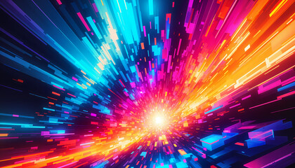 Bright explosion of neon light particles in space with dynamic motion effect and colorful glow
