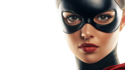 Confident superheroine posing with black mask, red cape flowing, standing empowered against transparent background