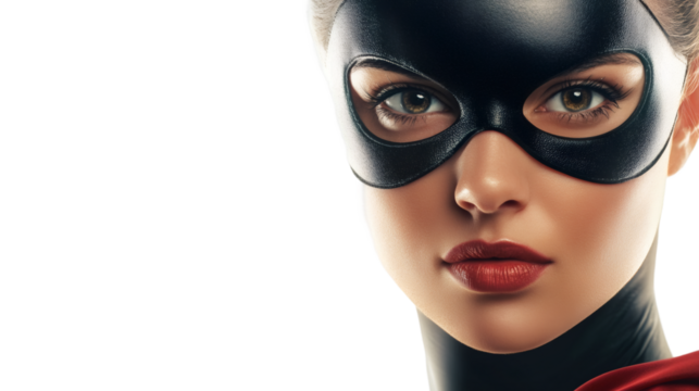 Confident superheroine posing with black mask, red cape flowing, standing empowered against transparent background
