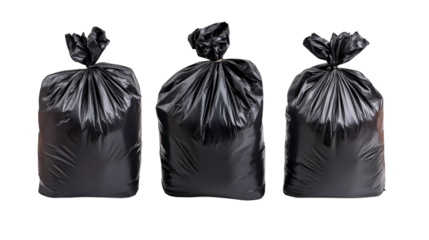 Black garbage bags stacked neatly, symbolizing waste management and environmental responsibility on clean transparent surface
