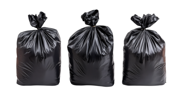 Black garbage bags stacked neatly, symbolizing waste management and environmental responsibility on clean transparent surface