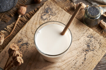 Vegan poppy seed milk in a glass cup with reusable bamboo straw