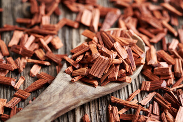 Red sandalwood chips on a spoon