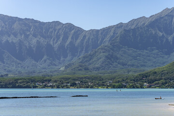 Kualoa Regional Park, Honolulu, Oahu, Hawaii. Windward Coast. Koʻolau Range / Koʻolau Volcano / Shield Volcano, Kaneohe Bay