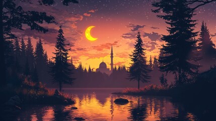 Fototapeta premium Crescent moon over mosque at sunset, forest lake reflection