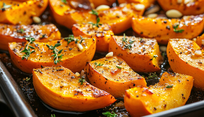 Roasted pumpkin slices with garlic and herbs close up. Oven baked pumpkin, seasonal autumn side dish or vegan meal