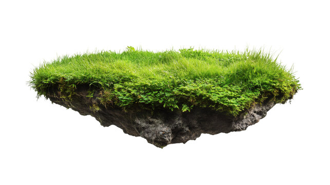Piece of ground covered by grass, floating in the air, isolated on transparent background, ideal for photocompositions