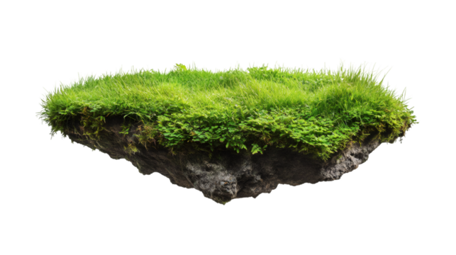 Piece of ground covered by grass, floating in the air, isolated on transparent background, ideal for photocompositions