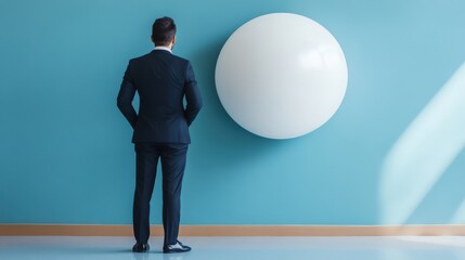 Obraz premium Businessman Contemplating Large White Sphere Against Blue Wall