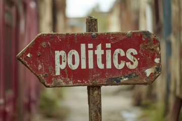 Fototapeta premium Close-up image of a weathered rusted metal sign with bold text on directional arrow indicating the word 