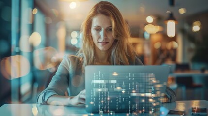 Businesswoman at a modern desk, efficiently using a laptop, tablet, and smartphone, virtual icons displayed, early morning light