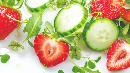 Naklejka premium Summer salad with uniquely shaped cucumbers, ripe strawberries, microgreens, and farm-grown basil dressing, vibrant colors, glossy textures, bright directional lighting, concept of gourmet cuisine