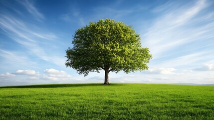 Solitary Tree on a Verdant Hill Under a Blue Sky
