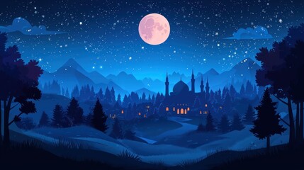 Naklejka premium Nighttime village scene with mosque under full moon, mountains, and starry sky; ideal for greeting cards
