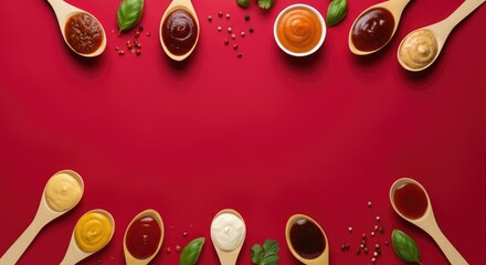 Fototapeta premium Assorted sauces in wooden spoons on red background, food concept