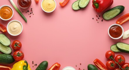 Assorted fresh vegetables and sauces arranged on pink background
