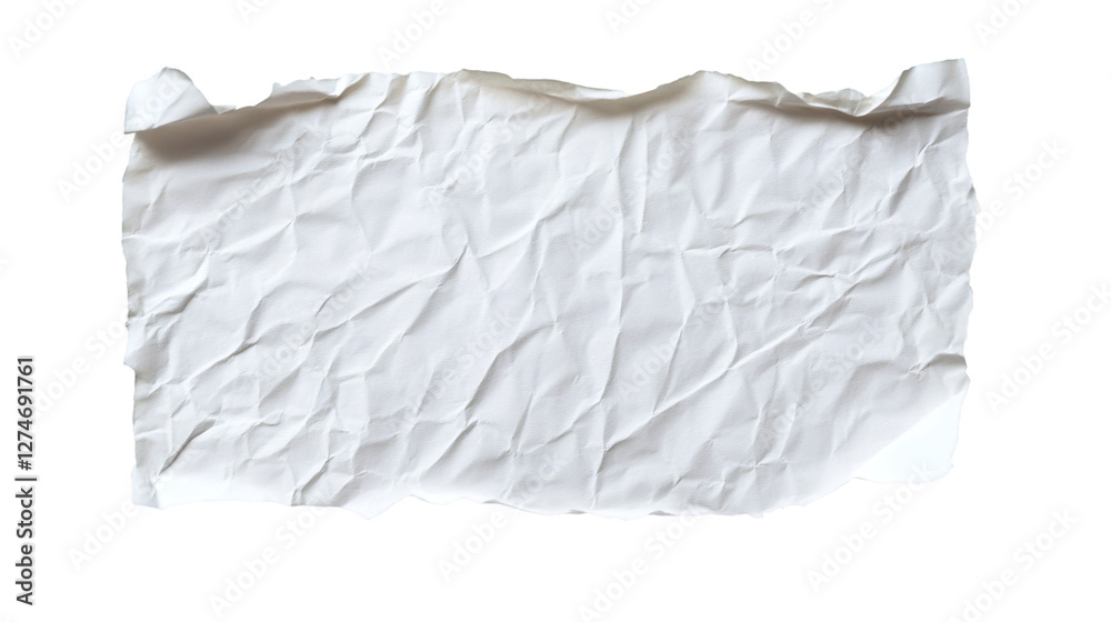 Poster crumpled white paper sheet having ragged edges, ripped and wrinkled, displaying textured surface aga