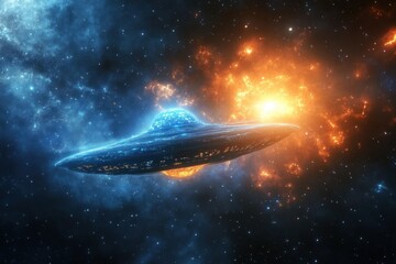 Obraz premium Mysterious extraterrestrial spacecraft gliding through vibrant cosmic landscape