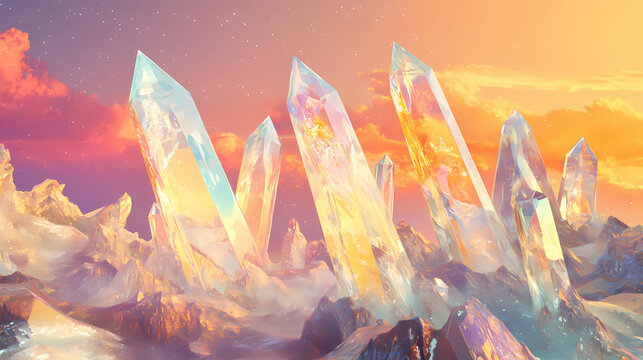Captivating digital abstract with floating crystalline shards in a cosmic gradient landscape. Floating Prism Landscapes. Illustration