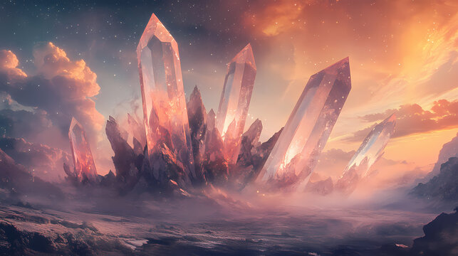 Captivating digital abstract with floating crystalline shards in a cosmic gradient landscape. Floating Prism Landscapes. Illustration
