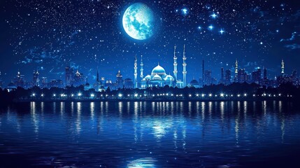 Night cityscape, moonlit mosque, calm water, stars; ideal for travel or religious themes