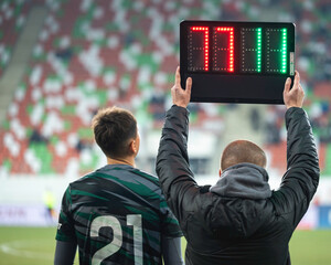 Team manager shows players substitution during  football match.