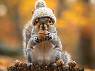 Squirrel in Knit Hat Holding Nut