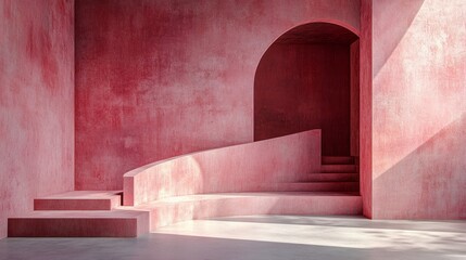 Curved pastel pink podium with soft lighting and shadows, abstract geometry