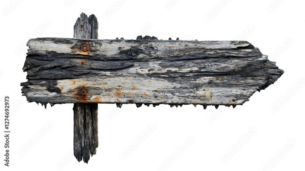 Aufkleber empty wooden arrow sign pointing to the right, isolated on transparent background, with rusty nails