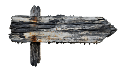 Empty wooden arrow sign pointing to the right, isolated on transparent background, with rusty nails