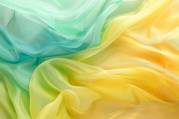 Fototapeta premium Soft flowing layers of silk fabric in pastel yellow, green, and blue dance together, creating a serene and inviting atmosphere for creative projects