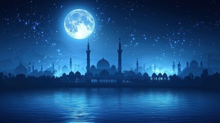 Night cityscape, mosque, full moon, stars, reflection, peaceful, Ramadan