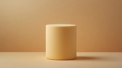 Cylindrical podium in pastel yellow, set against a soft gradient peach background 
