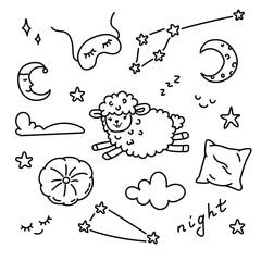 Set of doodles on the theme of sleep. Good night. Symbols. Count the sheep.