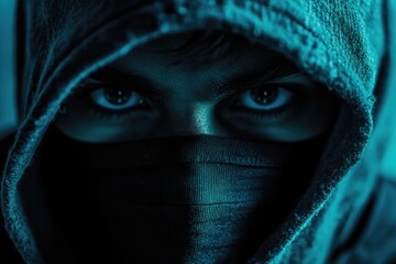 Naklejka premium Mysterious hooded figure looking into the camera