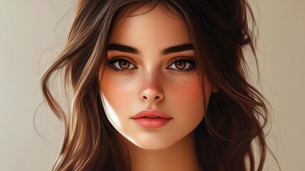 Portrait of young woman with long brown hair and freckles
