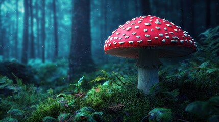 Mushroom growth in enchanted forest nature's vibrant red fungus ambient light surreal environment