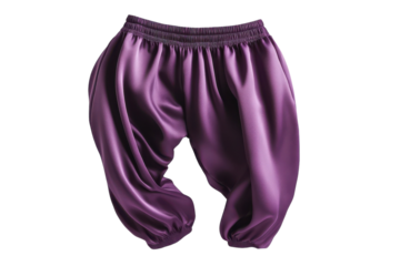Elegant purple satin harem pants flowing gracefully against a white backdrop in a stylish display isolated on transparent background