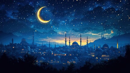 Night cityscape, crescent moon, stars, lanterns, celebration. Ideal for religious holidays