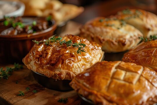 Delicious golden pastries freshly baked in a warm bakery during the morning hours, enticing customers with their flaky texture and rich aroma