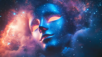 Enchanting surreal portrait of a cosmic masked figure set against a vibrant glowing backdrop of shimmering stars nebulae and ethereal cosmic atmosphere. Glowing Ethereal Masks. Illustration