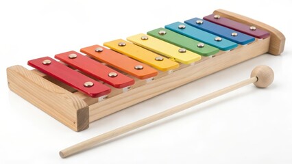 Wooden Xylophone with Mallet on White Background