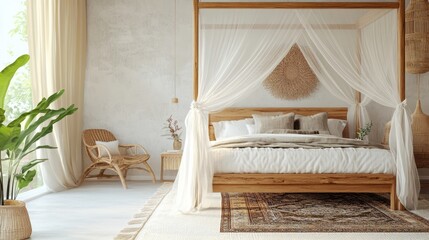 Bohemian Bedroom Decor: Canopy Bed, Woven Accents, and Neutral Tones